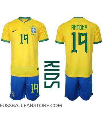 Brasilien Antony #19 Replik Heimtrikot Kinder WM 2022 Kurzarm (+ Kurze Hosen)